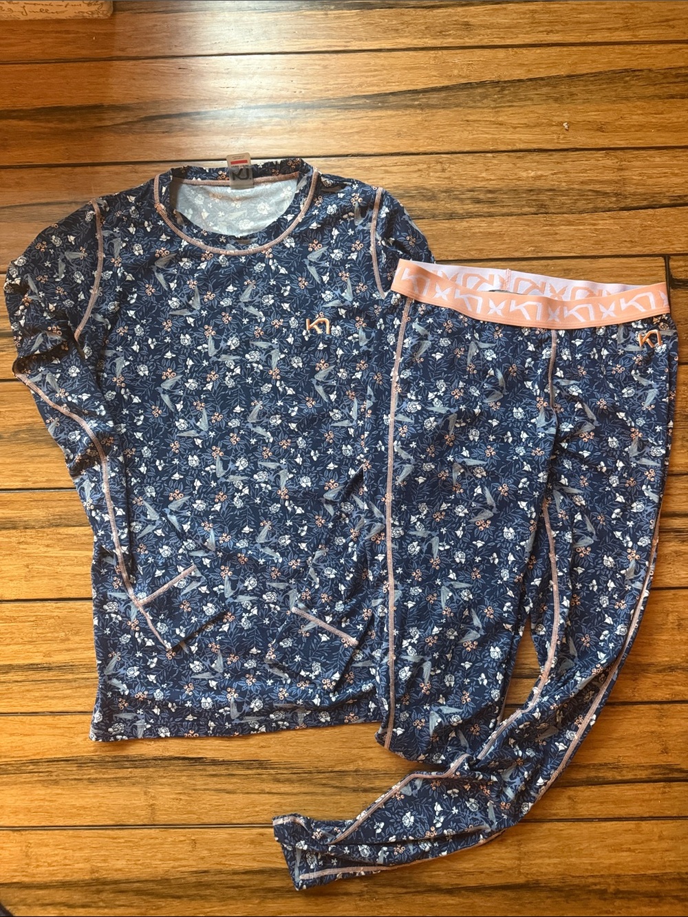 Kari Traa Navy Floral Pajama Set with Pink Trim Women’s Medium